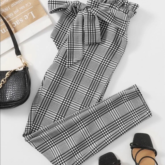 Plaid pants leggings paperbag ruffle waist tie bow - Picture 6 of 8